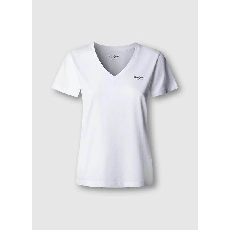 Image of Pepe Jeans Chest Logo T-Shirt with V-Neck and Short Sleeves White Cotton XS