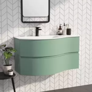 image of 1000mm Green Wall Hung Left Hand Curved Vanity Unit with Basin - Tulum