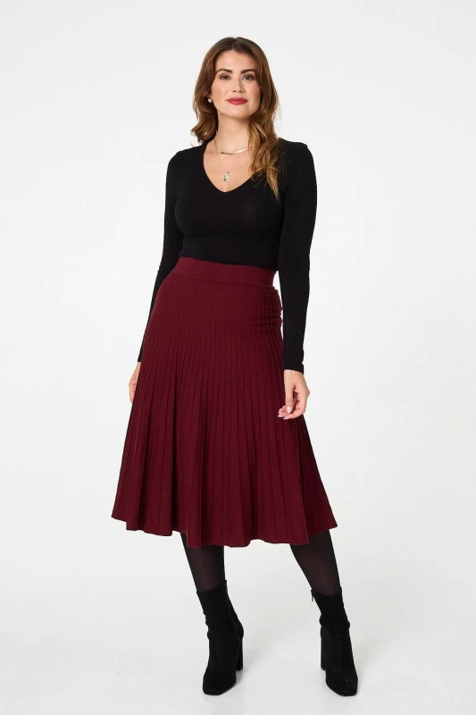 Image of Izabel London Womens High Waist Pleated Knit Midi Skirt in Wine Size: 10 Wine Female 10
