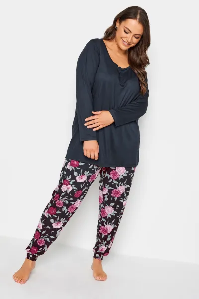 Image of Yours Floral Print Soft Touch Pyjama Set Mid Navy