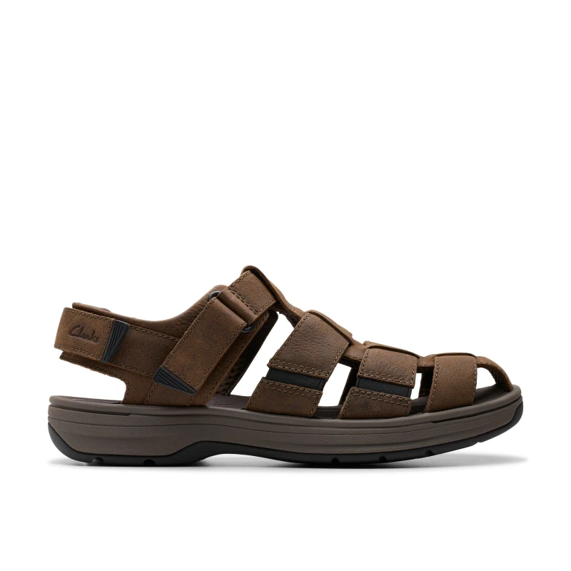 Image of Clarks Clarks Men Saltway Cove Dark Brown Leather Flat Sandals Size: 7-Standard Fit Brown 7-Standard Fit Male 5063090751110
