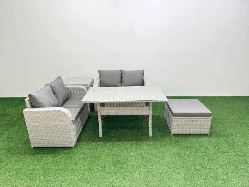 Image of Fimous 5 Seater Outdoor Love Sofa Set Rattan Garden Furniture Set with Rectangular Dining Table Big Footstool Side Table Light Grey Light Grey