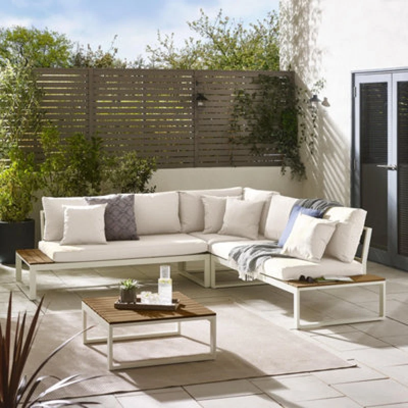 Image of FurnitureboxUK FurnitureboxUK Dubai 6 Seater Outdoor Corner Sofa with Wood-Effect Tables in Off White Off White One Size Unisex 5056784305614