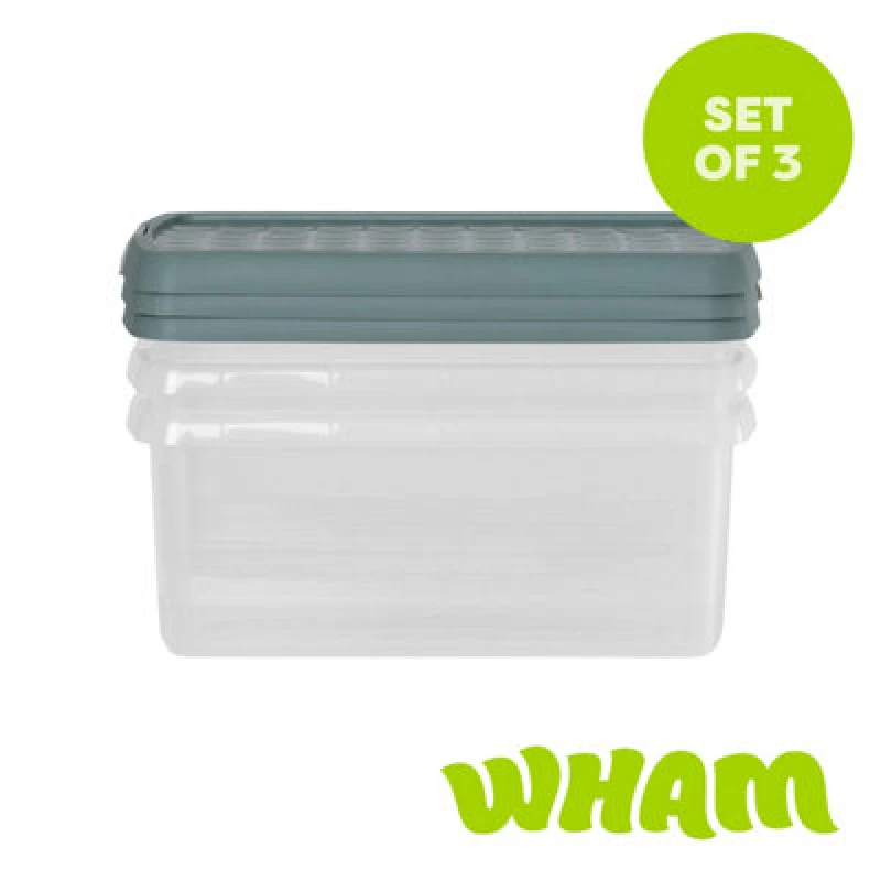 Image of Wham Clip 3X 10.5L Rectangular Plastic Storage Boxes With Clip Lock Lids. Ideal For Home, Office, Toys & More - Clear/green Milieu