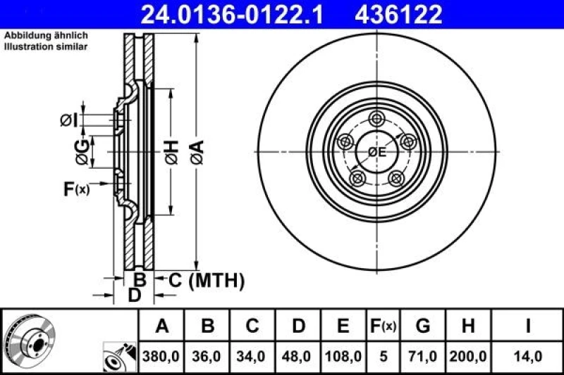 Image of ATE 24.0136-0122.1 Brake disc Vented, Coated, High-carbon Brake Disc (82)