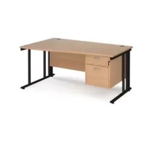 Image of Office Desk Left Hand Wave Desk 1600mm With Pedestal Beech Top With Black Frame Maestro 25 MCM16WLP2KB