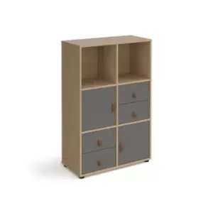 Image of Universal cube storage unit 1295mm high on glides with 2 cupboards and 2 sets of drawers - oak with grey inserts