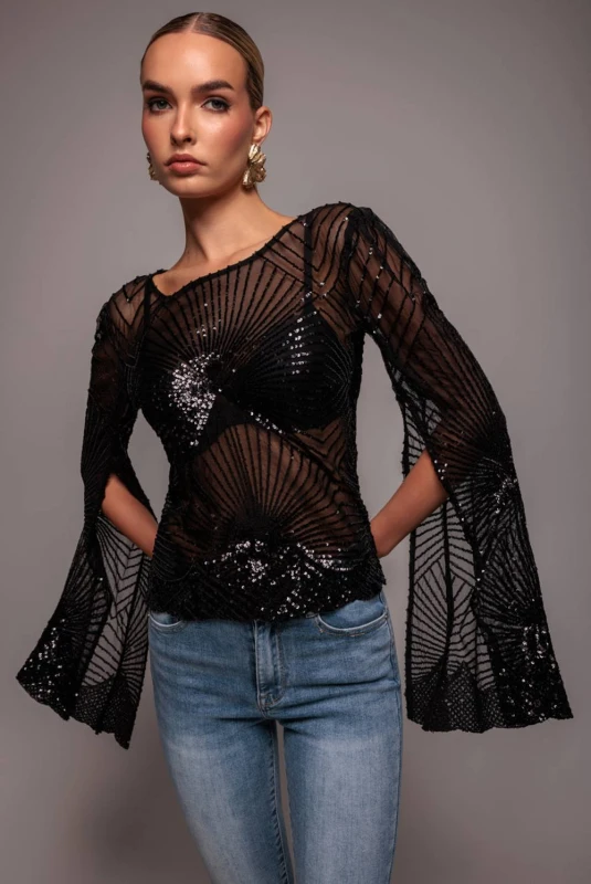 Image of Goddiva Womens Sequin Starburst Cape Sleeve Top in Black Size: 8 Black Female 8