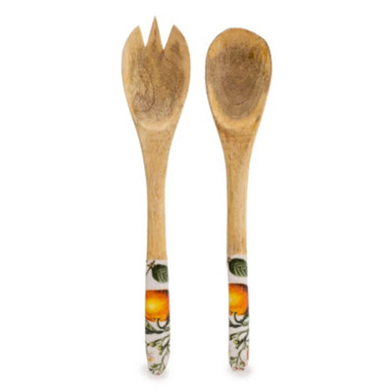 Image of Candelight Set Of 2 Wooden Fork/Spoon With Enamel Inlay Orange Blossom - White 695553