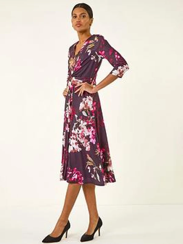 Image of Roman Womens Floral Crossover Stretch Midi Dress in Wine Size: 20 Wine Female 20