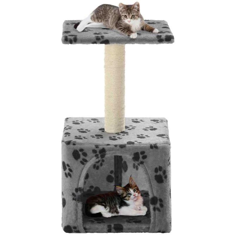 Image of vidaXL Cat Tree with Sisal Scratching Post 55cm Grey Paw Print Playhouse Tower