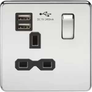 Image of Knightsbridge - Screwless 13A 1G Switched Socket with dual usb charger (2.4A) - Polished Chrome with Black Insert 230V IP20
