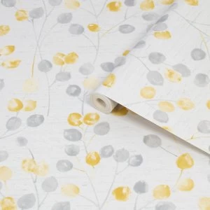 Image of Fresco Honesty Grey & ochre Floral Smooth Wallpaper