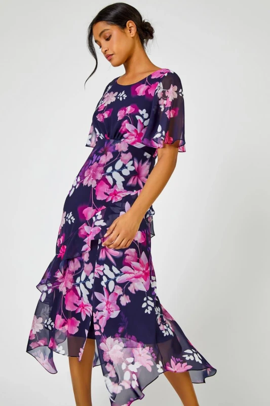 Image of Roman Womens Floral Chiffon Frill Asymmetric Midi Dress in Navy Size: 14 Navy Female 14