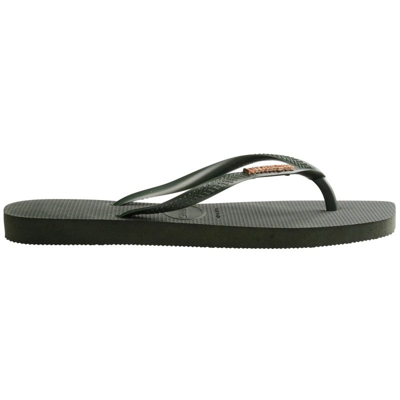 Image of Havaianas Womens Square Logo Metallic Flip Flops Olive Green, 3/4