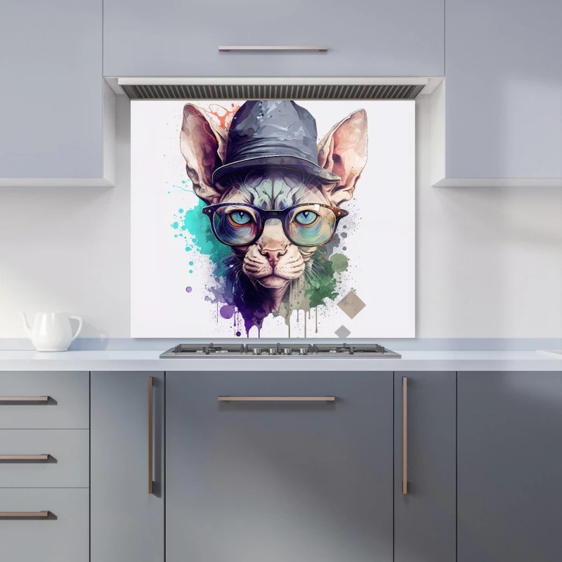 Image of Warren Reed - Designer Sphynx Cat Face Splashart Kitchen Splashback Size: 700mm x 650mm Multicolor Unisex 700mm x 650mm