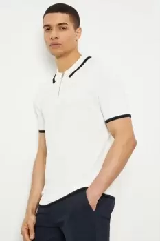 Mens White Short Sleeve Tipped Knitted Polo Shirt