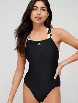 Image of adidas Tape Detail Swimsuit - Black, Size 32, Women
