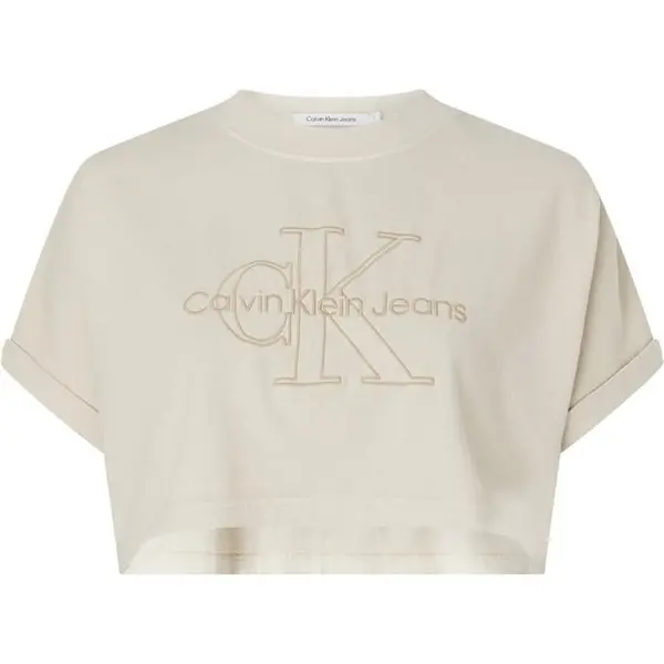 Image of Calvin Klein Jeans Embroidered Monologo Cropped Tee - Beige 10