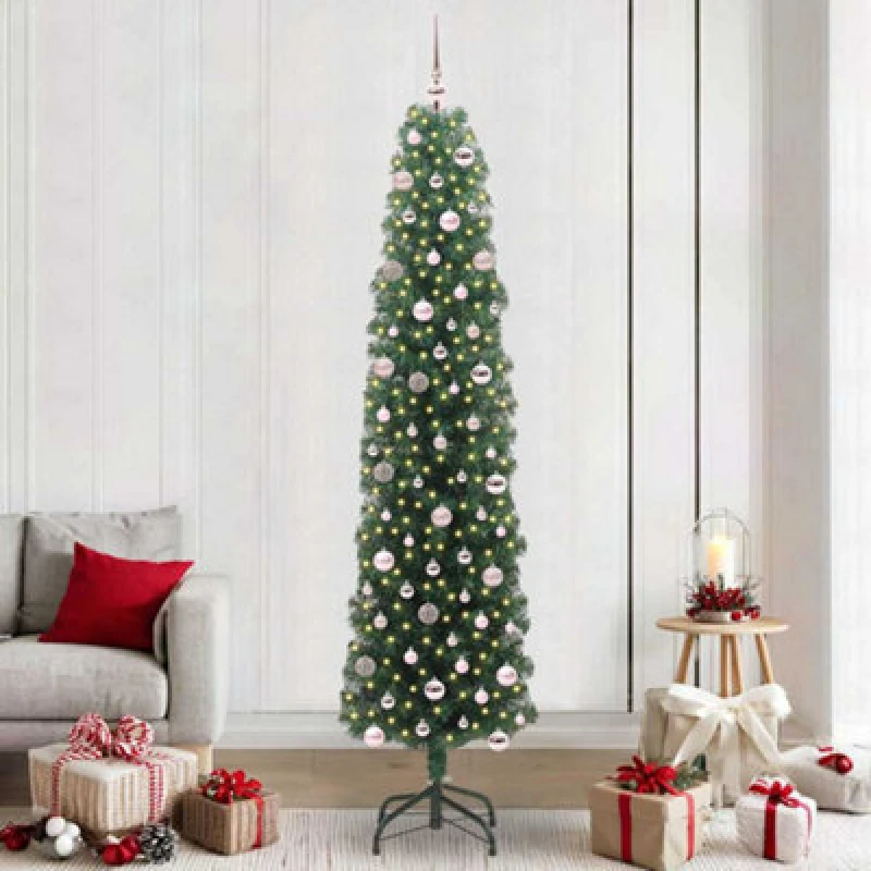 Image of vidaXL Artificial Christmas Tree with 300 LEDs, Pink Balls with Stand Green 240 x 61 cm, Green 3394971