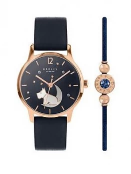 Radley Navy And Rose Gold Detail Crescent Moon Dial Navy Leather Strap Ladies Watch And Matching Bracelet Gift Set