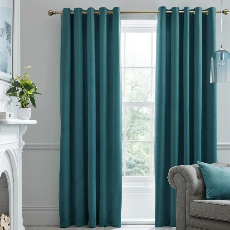 Image of Laurence Llewelyn-Bowen Montrose Thermal Velvet Eyelet Curtains in Teal - Green Green 90x90 Inch