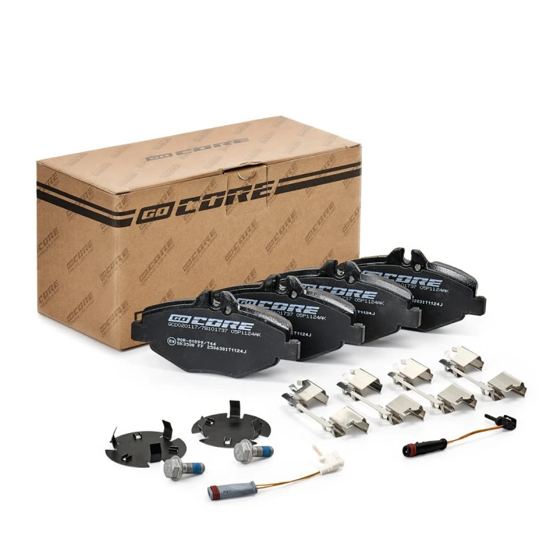 Image of goCORE GCD020117 Brake pad set Front Axle, incl. wear warning contact, with accessories, with bolts/screws Brake Pad Set,disc brake (402)