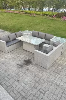 Image of Fimous 8 Seater Outdoor Light Grey Rattan Lounge Complete Sofa Set with Adjustable Table and Side Table