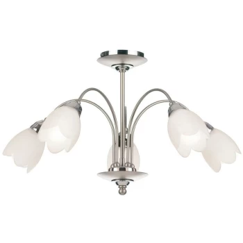 image of Endon Petal - 5 Light Semi Flush Multi Arm Ceiling Light Satin Chrome, Matt Opal Glass, E14