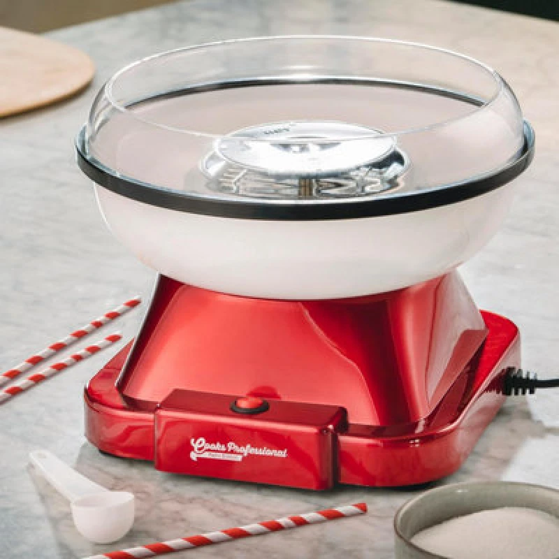 Image of Cooks Professional Retro Edition Candy Floss Maker With Sticks - Carnival Style Cotton Candy Halogen Heating Sweet Machine - Red