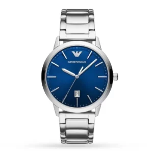 Image of Mens Date Stainless Steel Bracelet Strap Watch, Silver/Blue