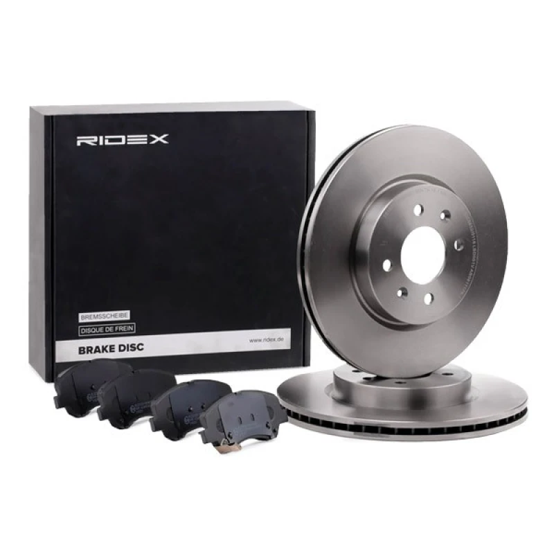 Image of RIDEX 3405B1525 Brake disc and pads set Front Axle, Brake Disc Type: internally vented, with acoustic wear warning Brake Set,disc brakes (3405)