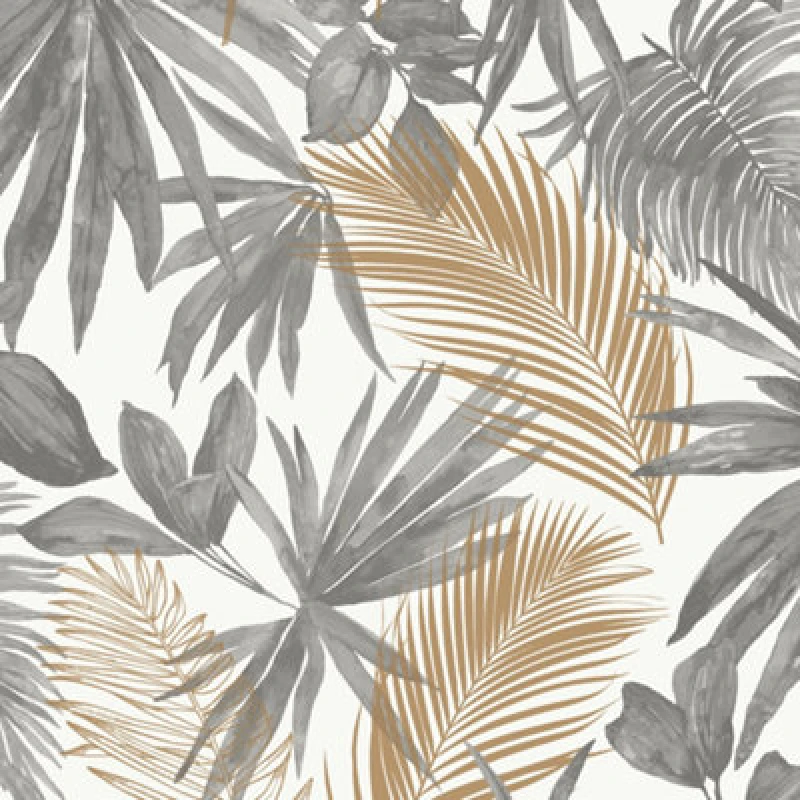 Image of Grandeco Wild Palm Grey & Copper Metallic Smooth Wallpaper, White Grey