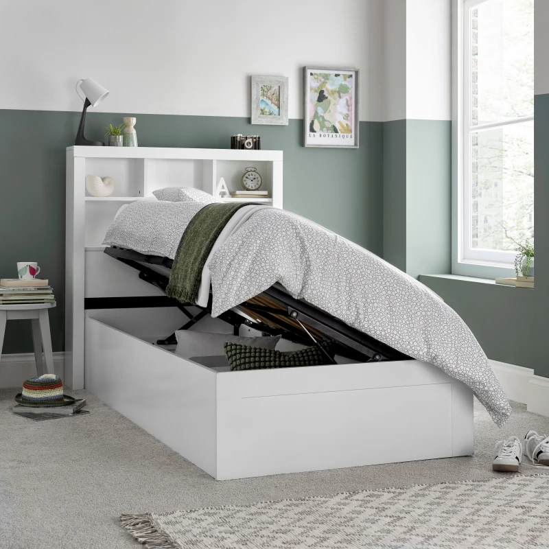 Image of Bedmaster Bedmaster Oscar Wooden Bookcase Ottoman Storage Bed And Super Ortho Orthopaedic Mattress in White Size: Single White Single Unisex 9509898