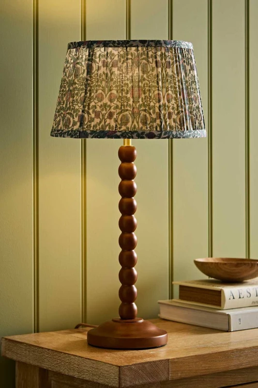 Image of ValueLights Bobbin Floral Printed Pleated Shade Walnut Bobble Table Lamp in Dark Green Dark Green Unisex