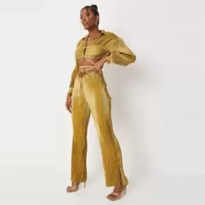 image of Missguided Satin Plisse Fit N Flare Tie Trouser - Yellow