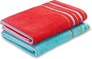 image of Catherine Lansfield Rainbow Beach Towel Pair Red and Aqua