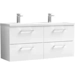 Image of Arno Gloss White 1200mm Wall Hung 4 Drawer Vanity Unit with Twin Polymarble Basin - ARN124F - Gloss White - Nuie