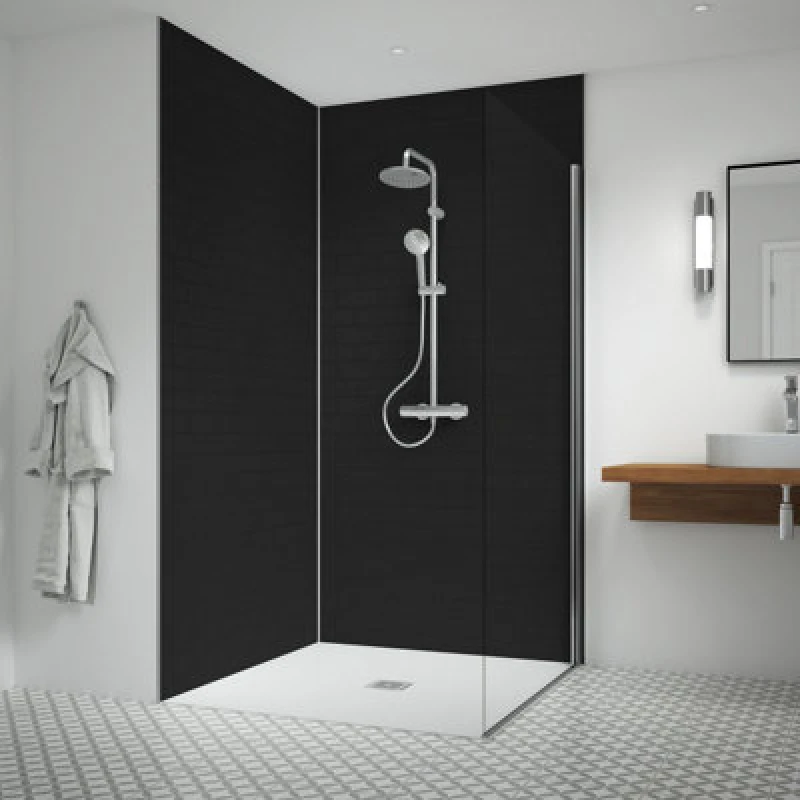 Image of Splashwall Laminate Tongue & Groove Bathroom Panel (H)2440mm (W)1220mm - Gloss Black Tile Effect