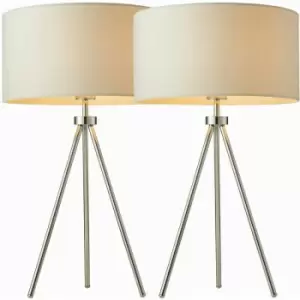 image of 2 pack Modern Tripod Table Lamp Chrome & Ivory Shade Slim Leg Bedside Desk Light