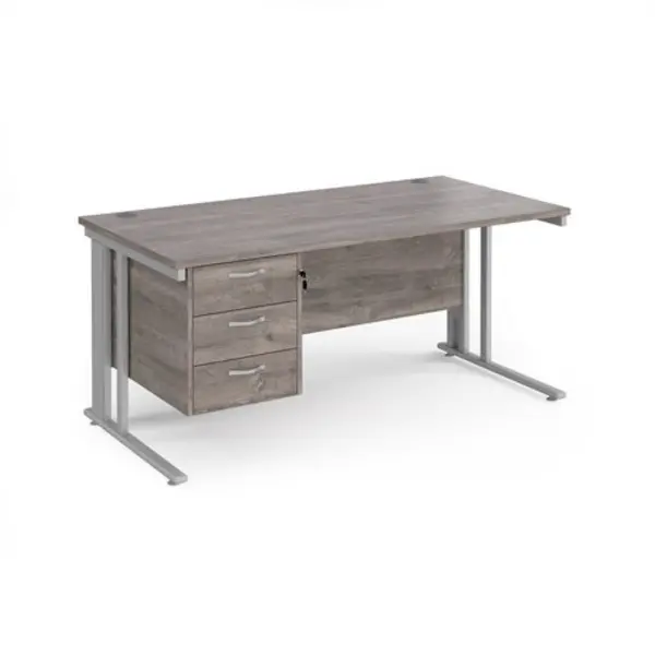 Image of Maestro 25 straight desk 1600mm x 800mm with 3 drawer pedestal - silver cable managed leg frame, grey oak top