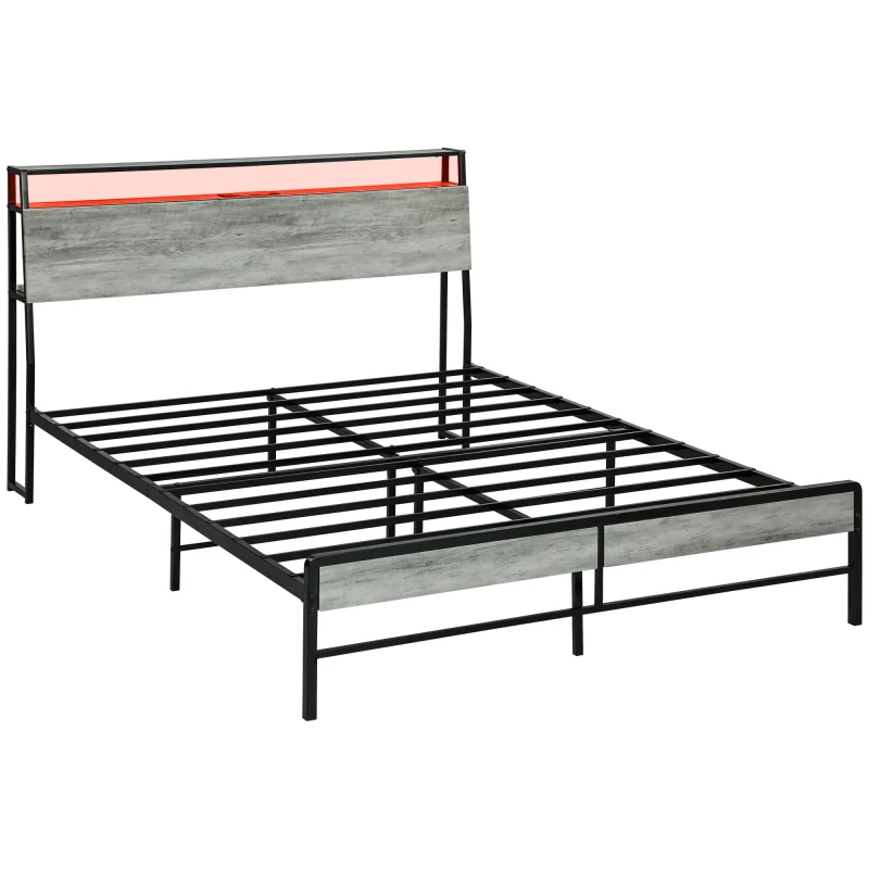 Image of HOMCOM LED Double Bed Frame with Charging Station - Grey 831-813V71GY