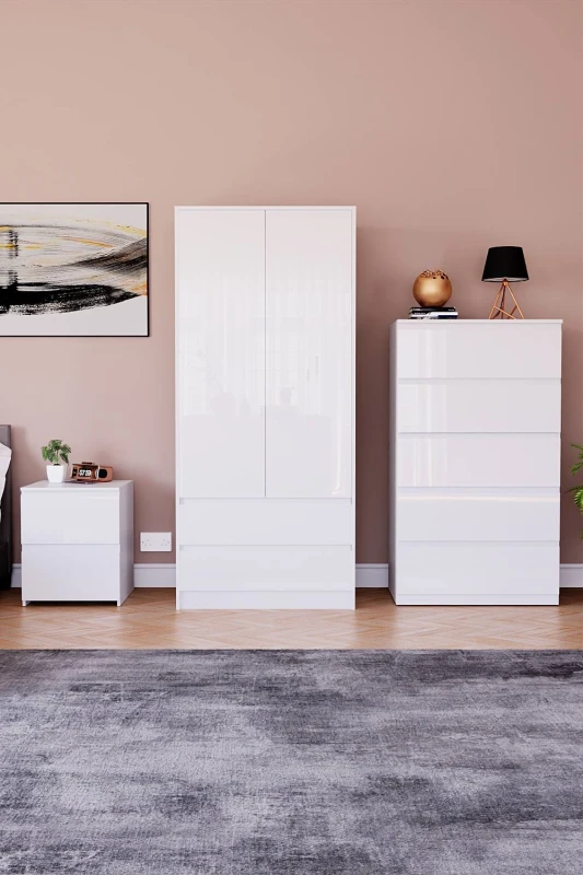 Image of Home Discount Vida Designs Glinton 3 Piece Bedroom Set Storage Furniture (2 Drawer Bedside Chest, 5 Drawer Chest, 2 Door 2 Drawer Wardrobe) White