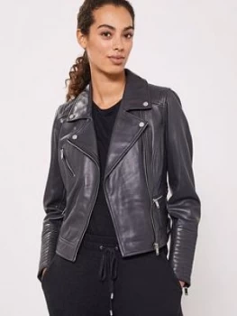 Image of Mint Velvet Stitch Sleeve Detail Leather Biker - Smoke, Smoke, Size 18, Women
