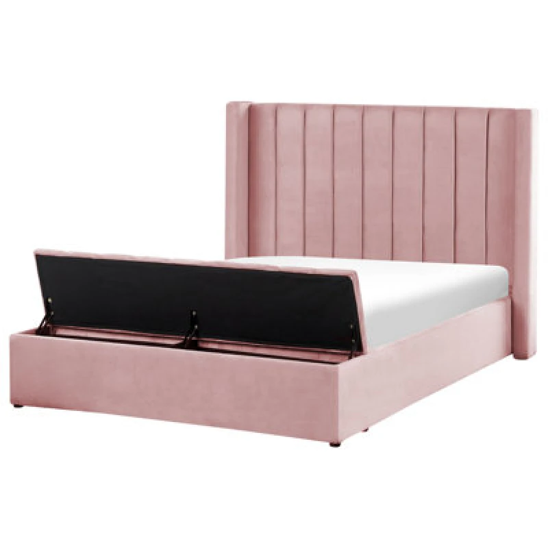 Image of Beliani Bed With Storage Bench Velvet Noyers 140 X 200 Cm (Eu Double) Pink