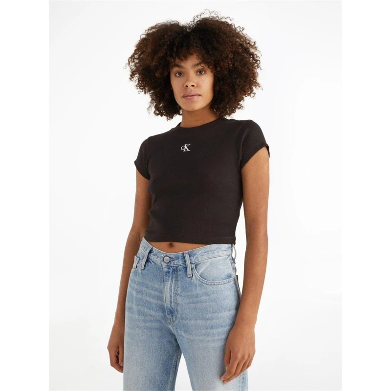 Image of Calvin Klein Jeans Mono Rib Cropped T Shirt - Black 10