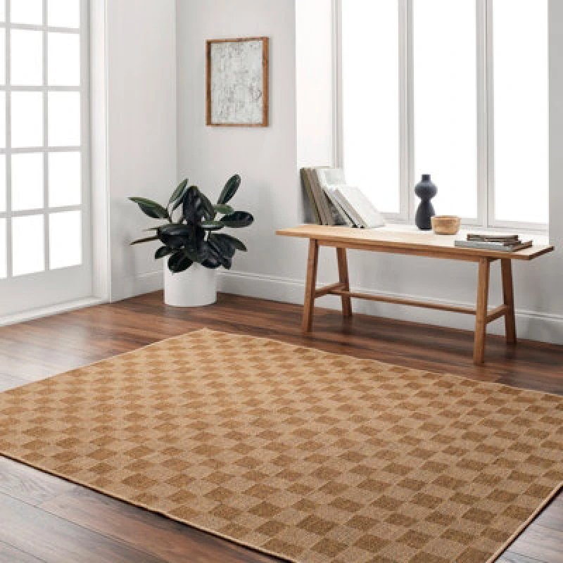 Image of Livabliss Pismo Beach-Modern Yellow Tan Checkered In- & Outdoor Jute-Look Rug 200 X 275cm Easy Care, Non Shedding