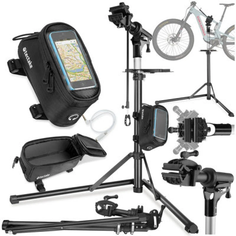 Image of Tectake Bicycle Repair Stand And Frame Bag Set Is Folding, Lightweight And Durable Type 2- Black