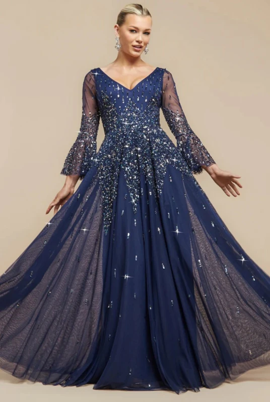 Image of Goddiva Womens Sunray Sequin A Line Bell Sleeve Maxi Dress in Navy Size: 8 Navy Female 8