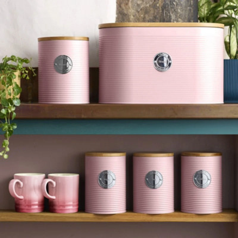 Image of Cooks Professional 5Pc Tea, Coffee, Sugar, Biscuit & Bread Ribbed Canister Kitchen Storage Set With Bamboo Lids - Pink & Silver